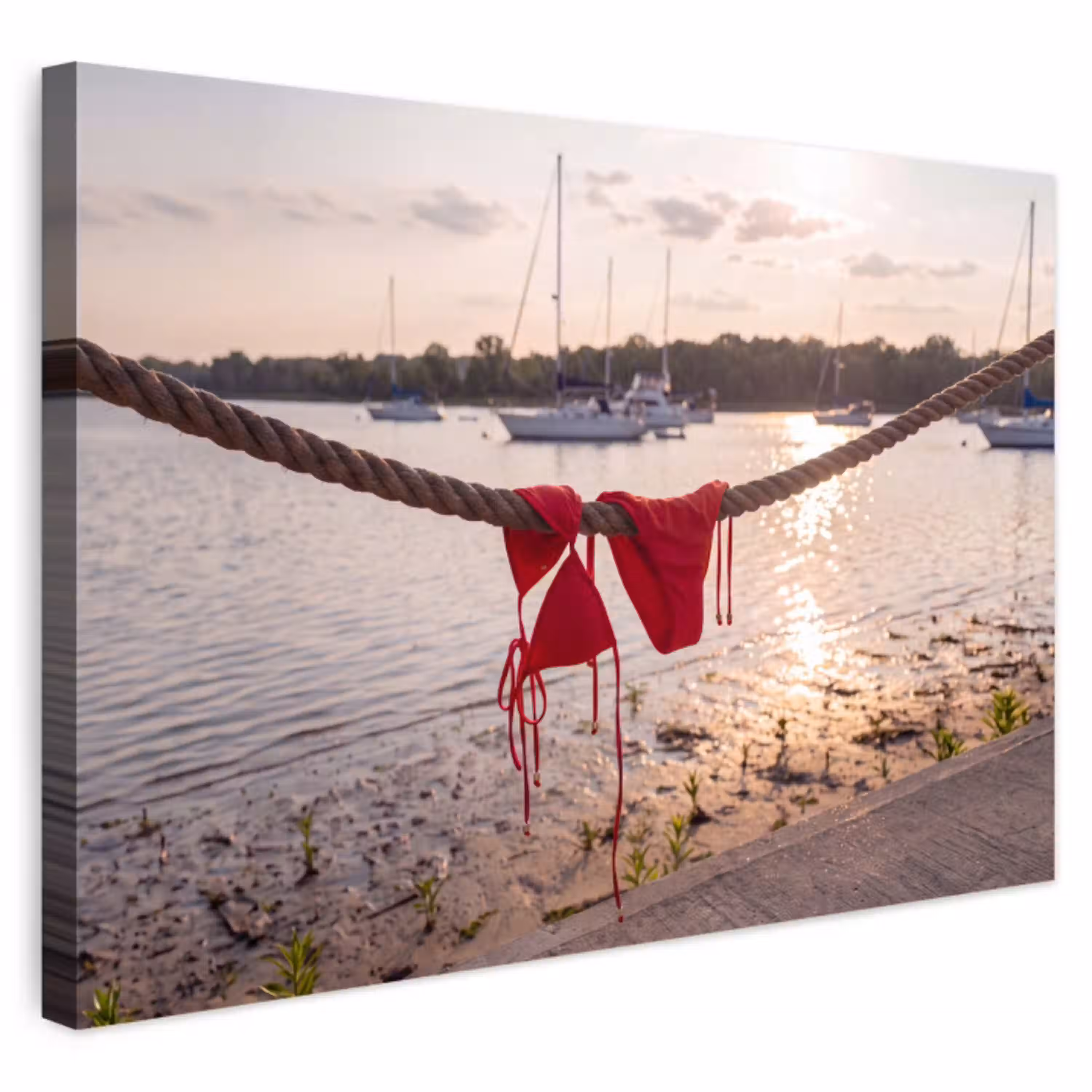 Badkleding - Rood - Zomer - Water - Zonsondergang Tuinposter op houten frame 2 cm dik klein -3d