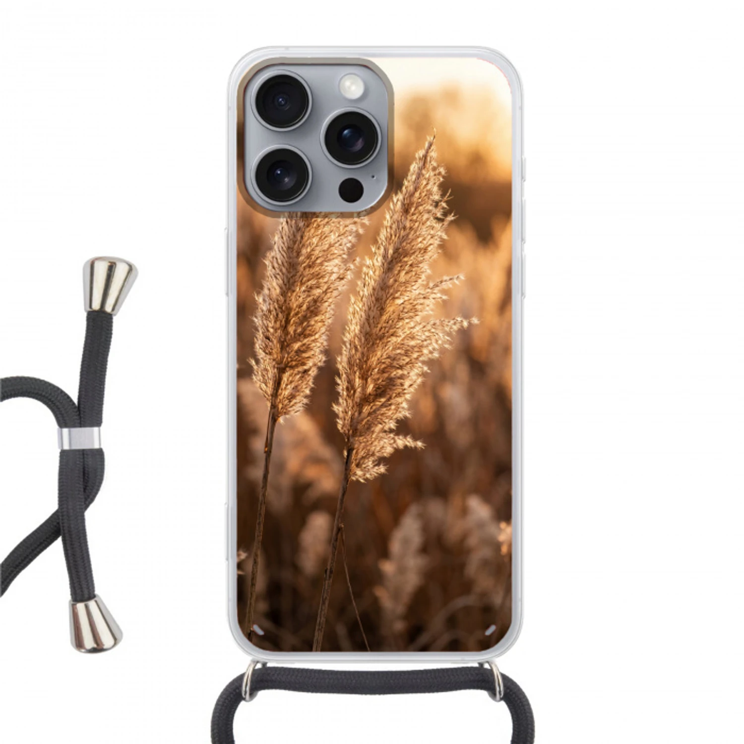 Rietpluimen - Gras - Zonsondergang - Goud - Serene Hoesje iPhone 16 Pro Max met koord klein -3d
