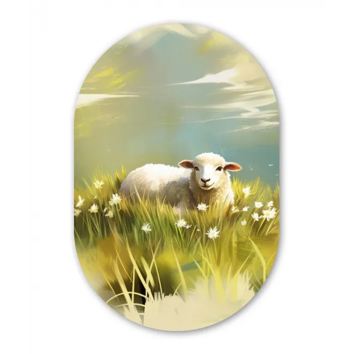 Schaap - Weide - Groen Wandcirkel Ovaal Glas middel -3d