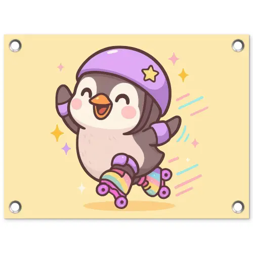 Pinguïn - Rolschaatsen - Geel - Energiek tuinposter los doek klein -3d