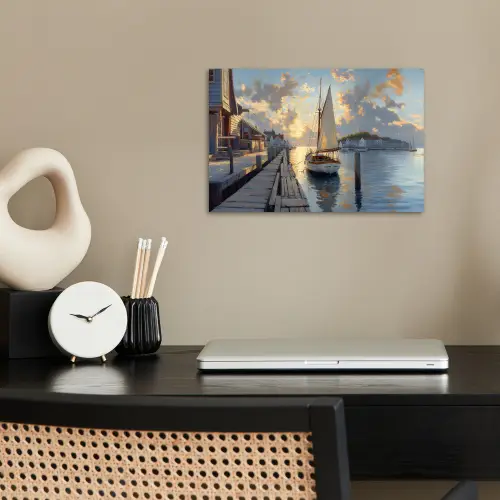 Zeilboot - Zon - Pier - Hout poster papier klein -sfeer1