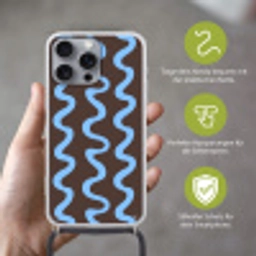 Kronkelende lijnen - Blauw - Bruin - Minimalistisch Hoesje iPhone 16 Pro Max met koord klein 804 -sfeer2_DE
