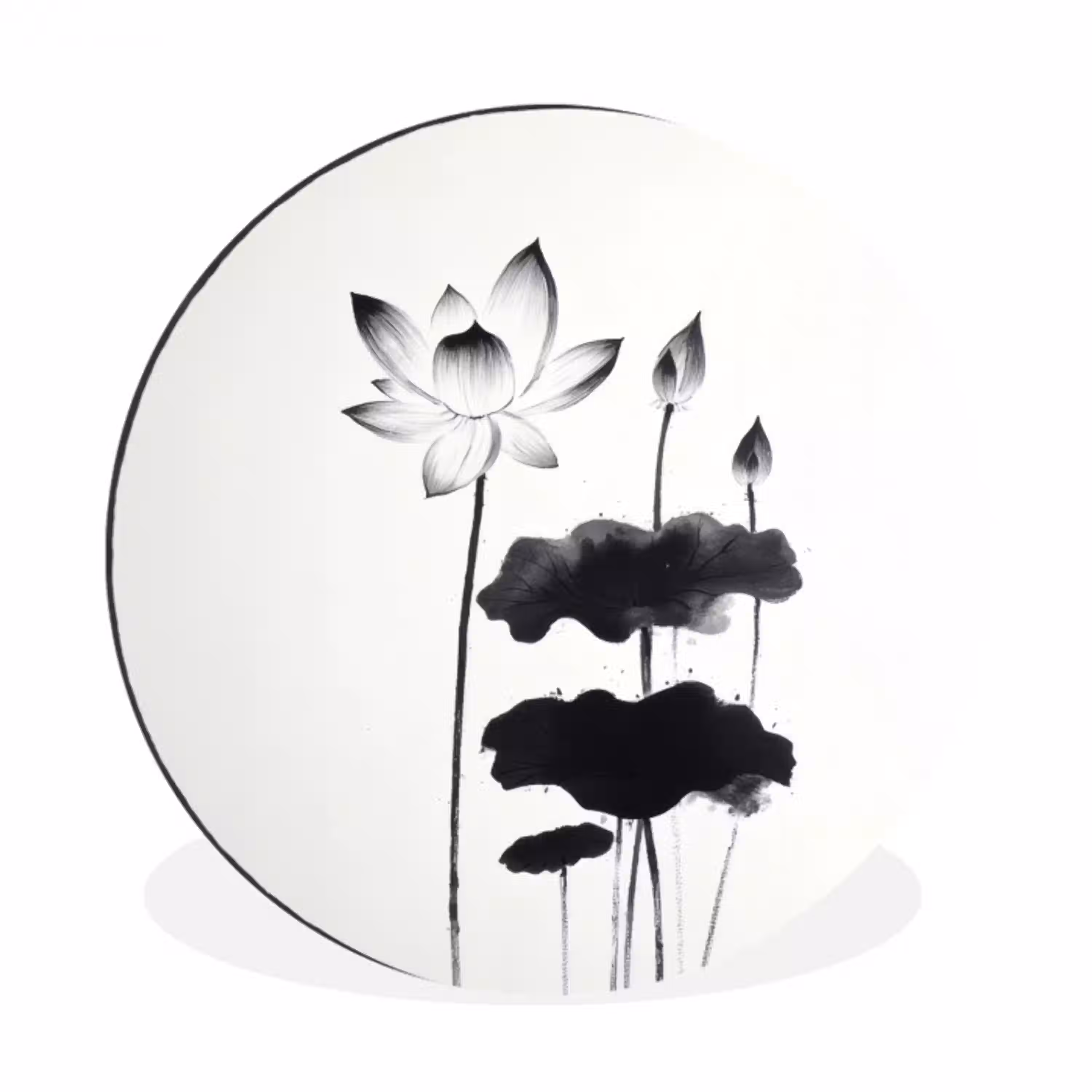 Bladeren - Zwart - Lotusbloem - Minimalitisch Wandcirkel aluminium klein -3d