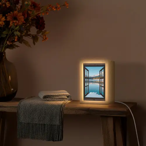 Doorkijk - Winterlandschap - Meer - Bergen - Uitzicht Light Box met kabel (Tafellamp) klein -sfeer4