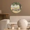 Houten bankje - Bloempotten - Landschap Akoestische PET Vilt - Rond klein -sfeer1