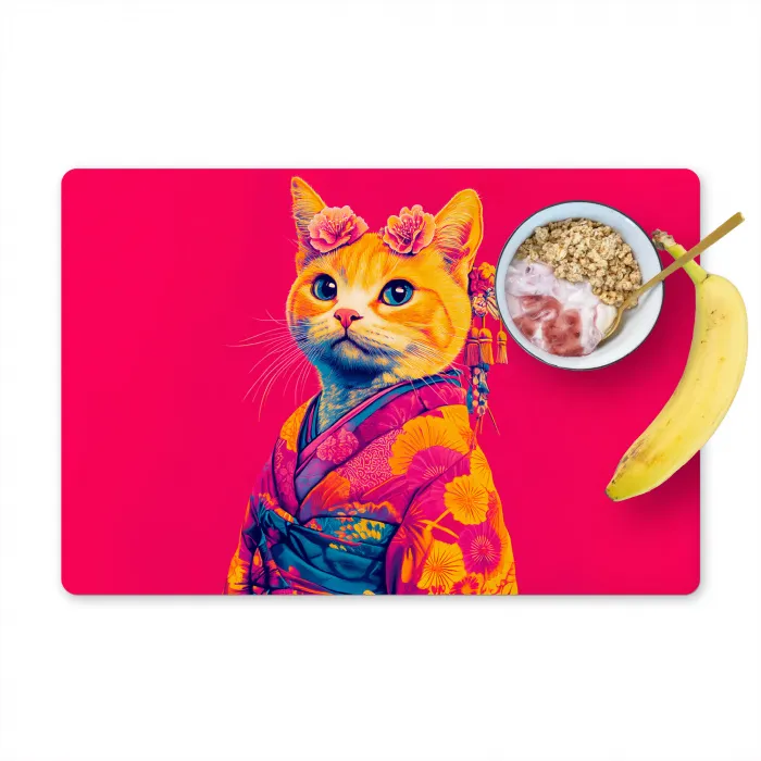 Kat - Kimono - Bloemen - Roze Placemat vinyl groot -zzzproduct_Kitchenyeah-website