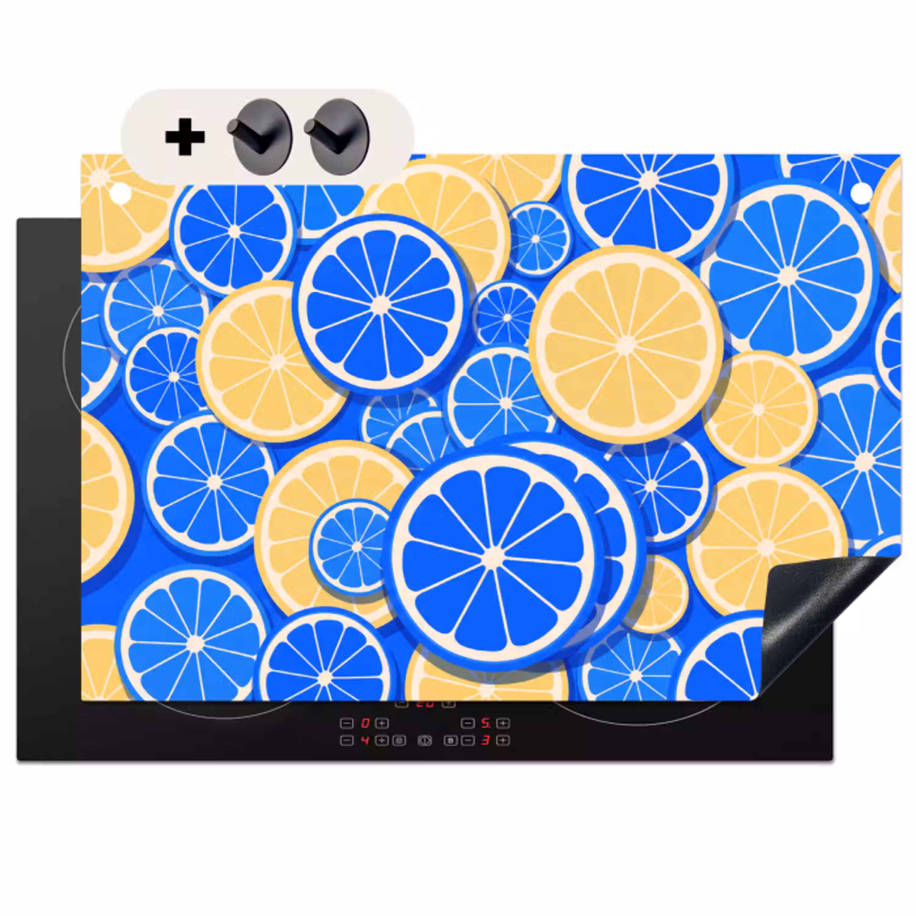 Fruit - Schijven - Patroon - Modern - Blauw - Geel Inductie beschemer met haakjes klein -3d