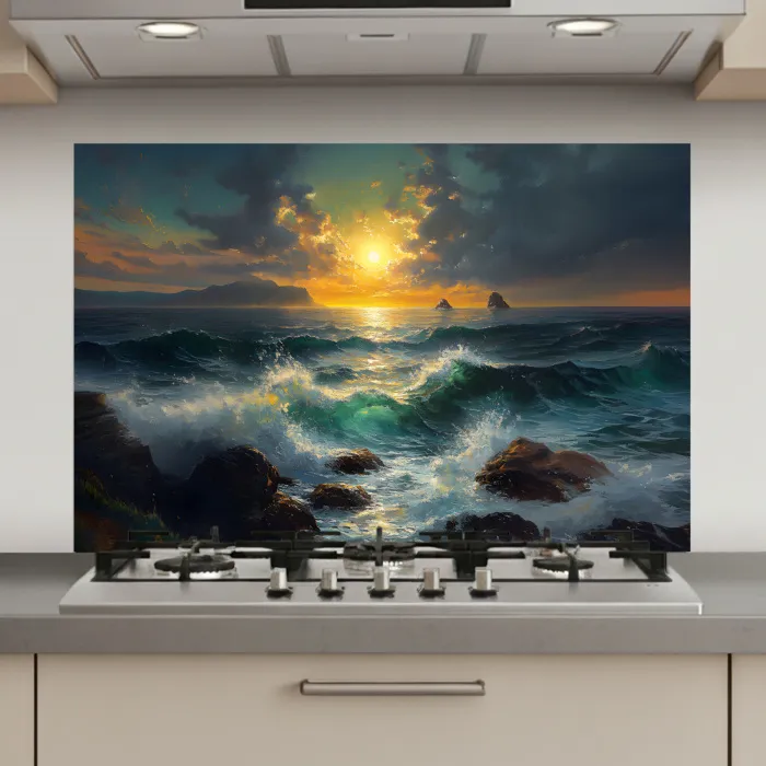 Zee - Zon - Golven - Rotsen keuken achterwand spatscherm klein -3d_website