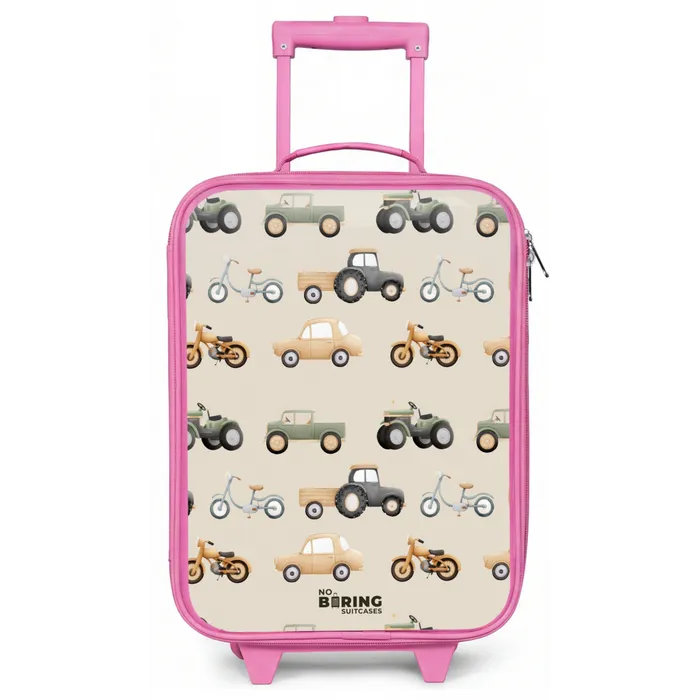 Retro voertuigen patroon Kinderkoffer - Roze klein -zz3dotto