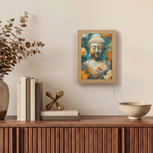 Buddha - Bloemen - Kleurrijk - Modern Light Box met kabel (Tafellamp) klein -sfeer2