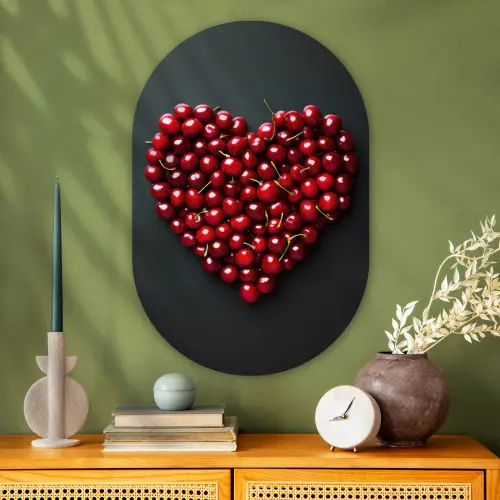 Kersen - Hart - Rood - Zwart Wandcirkel Ovaal Glas middel -sfeer2