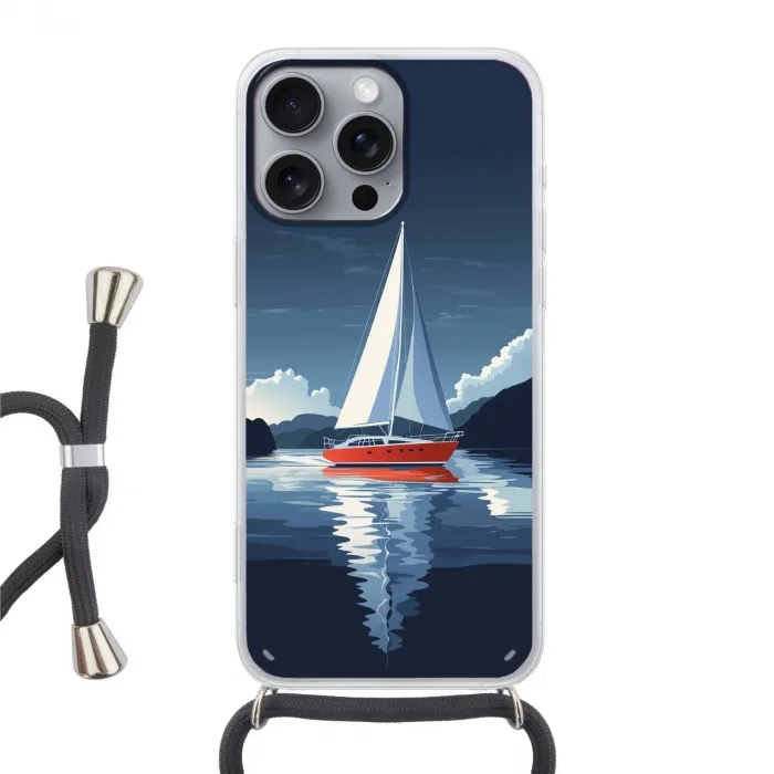 Zeilboot - Donkere bergen - Stilte Hoesje iPhone 16 Pro Max met koord klein -3d