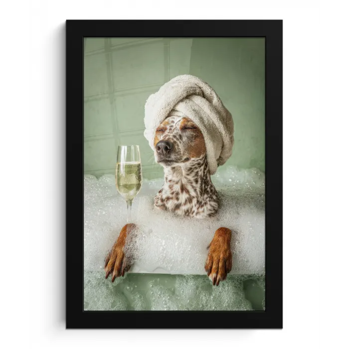 Hond - Bad - Champagne - Handdoek fotolijst zwart zonder passe partout klein -3d