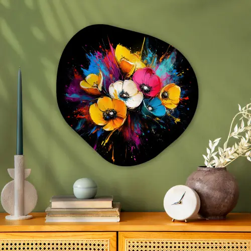 Bloemen - Kleurrijk - Graffiti - Modern - Boeket Wandcirkel Organisch Aluminium middel -sfeer2