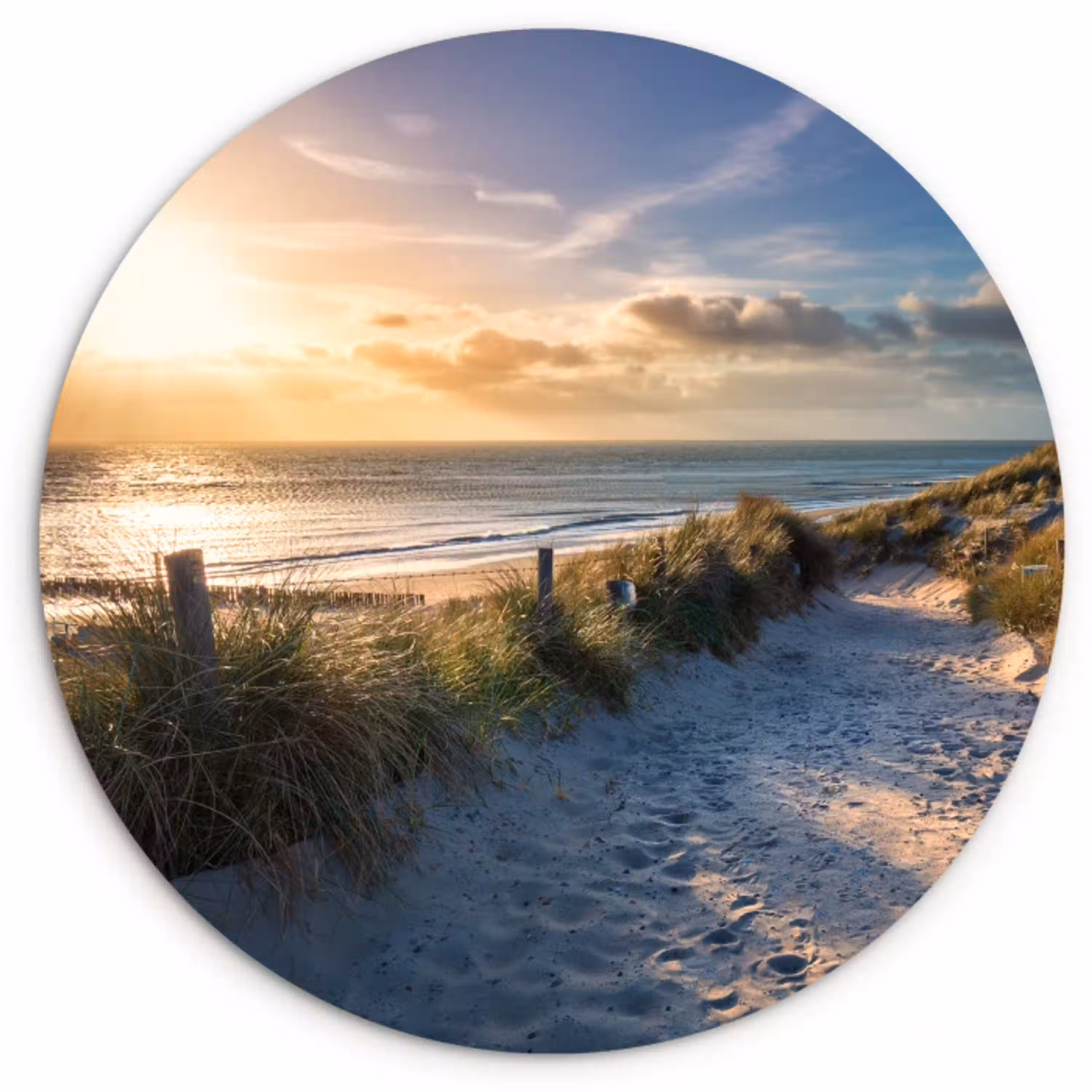 Zonsondergang - Strand - Duin - Gras - Bank Wandcirkel kunststof plaat 5mm dik klein -3d