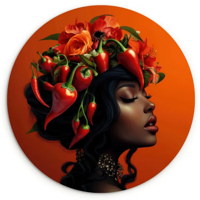 Vrouw - Chilipepers - Pepers - Bloemen KitchenYeah - Keuken - Wandcirkel Forex klein -3d