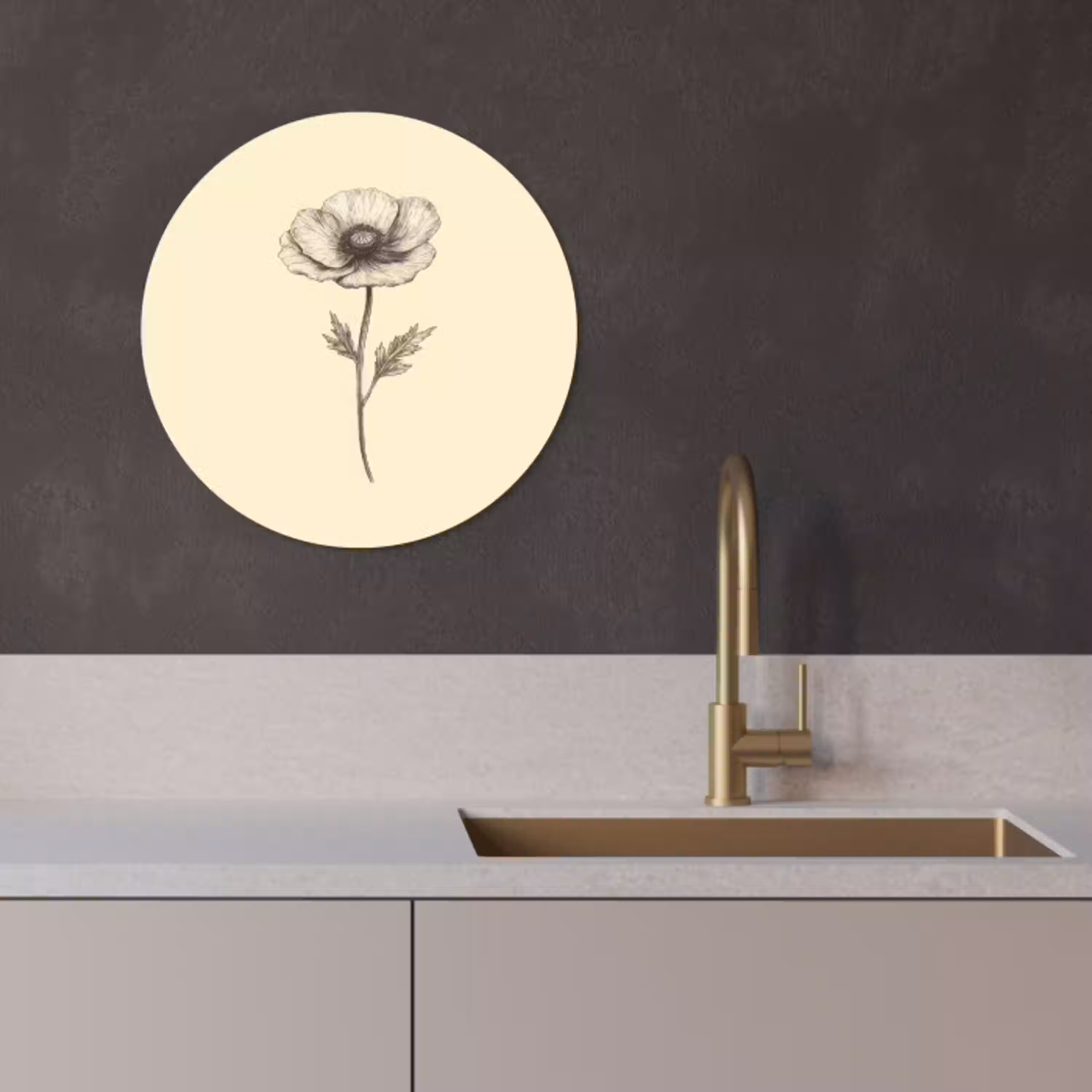 Klaproos - Illustratie - Zwart KitchenYeah - Keuken - Wandcirkel Forex klein -sfeer1