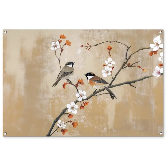 Tuinposter - Vogels - Bloesemtak - Bloemen - Oranje