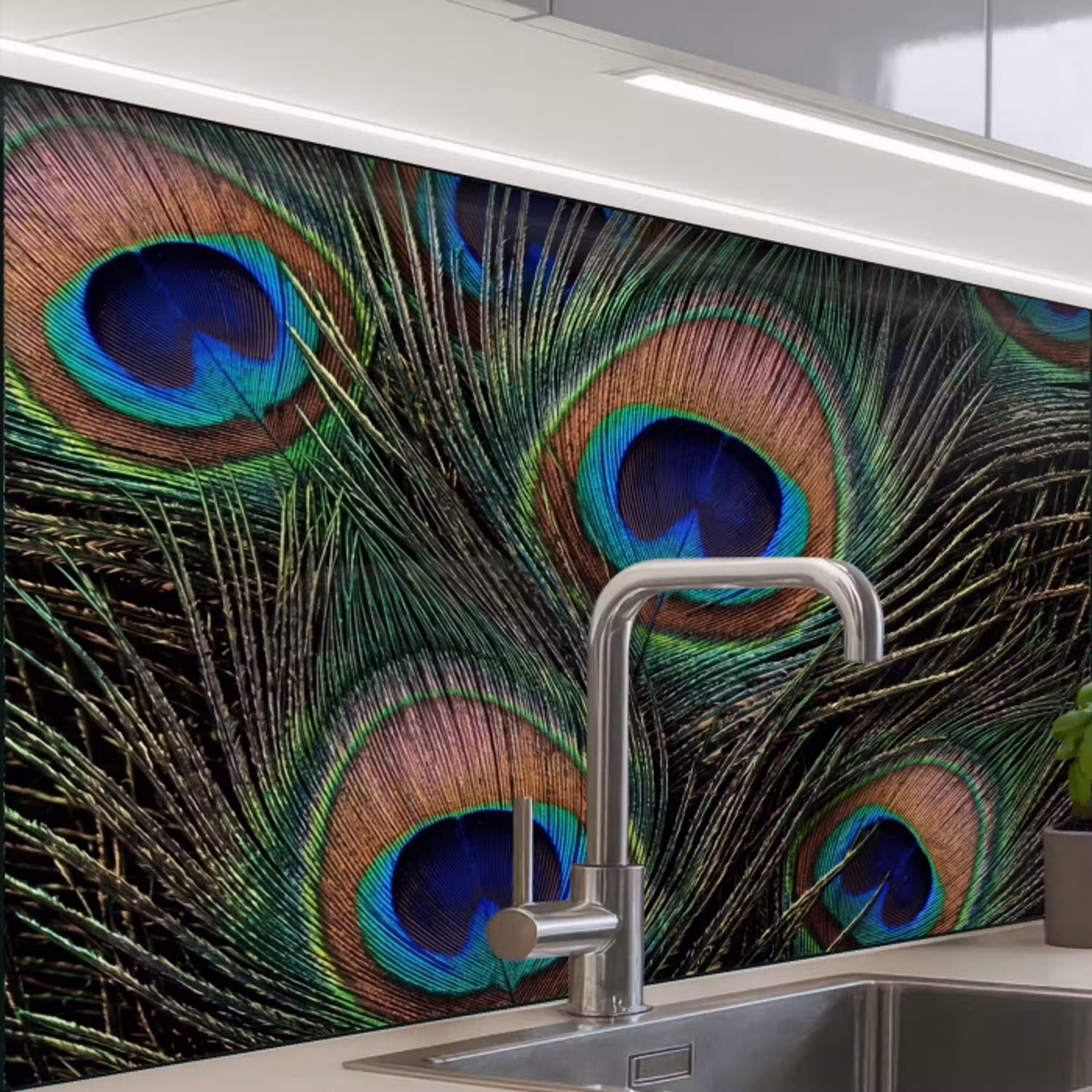Pauwenveren - Klassiek - Groen keuken achterwand 2 middel -zzzz3d_schuin