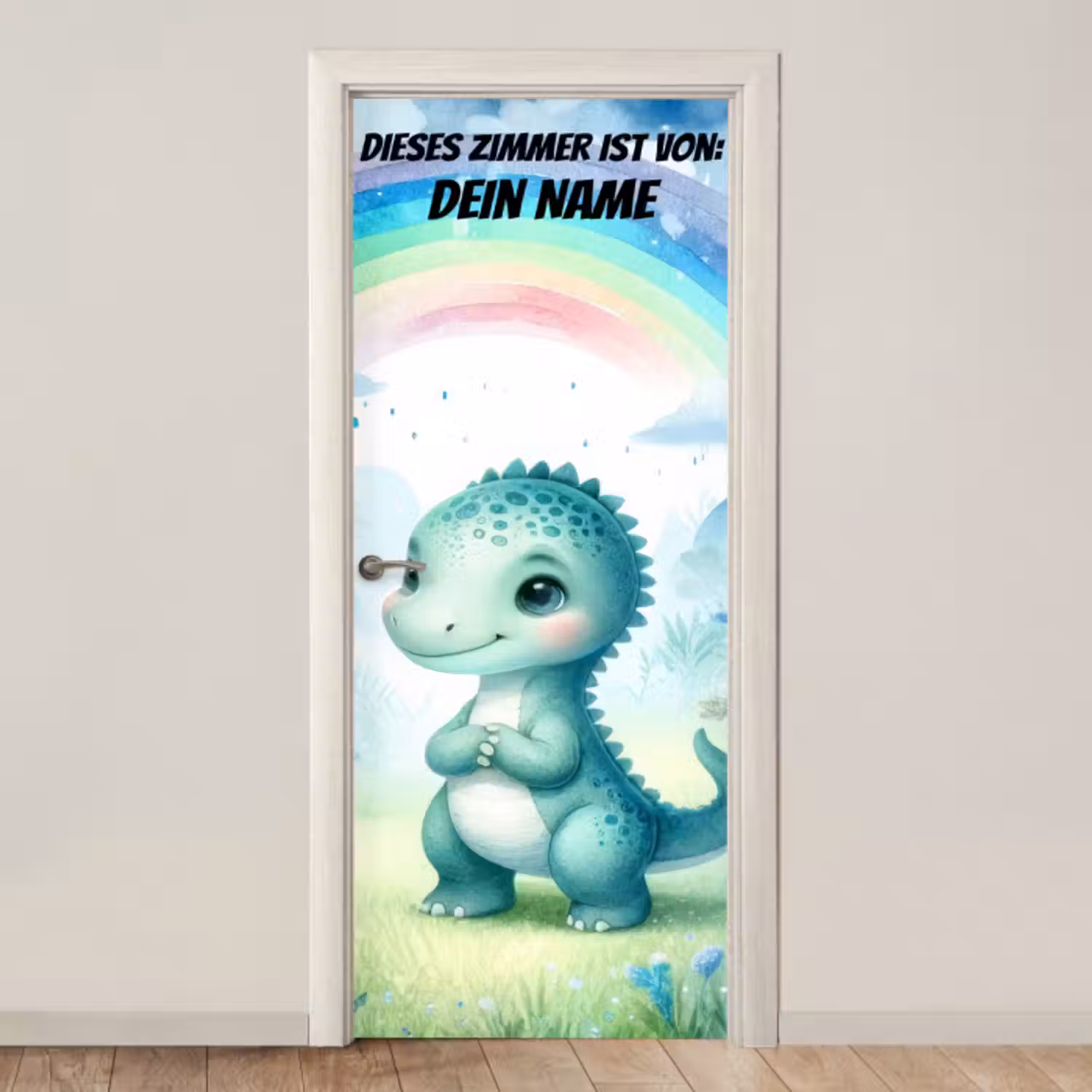 Türtapete mit Name - Niedlicher Dino unter Regenbogen im Aquarellstil.
