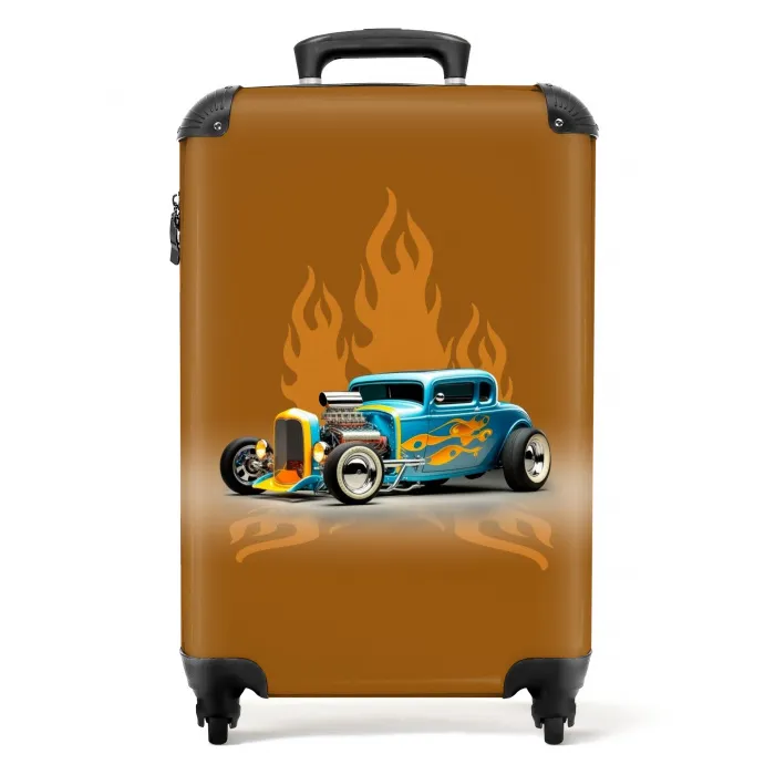 Blauwe auto met gele vlammen Koffer - NBS - Handbagage middel -productfoto_recht
