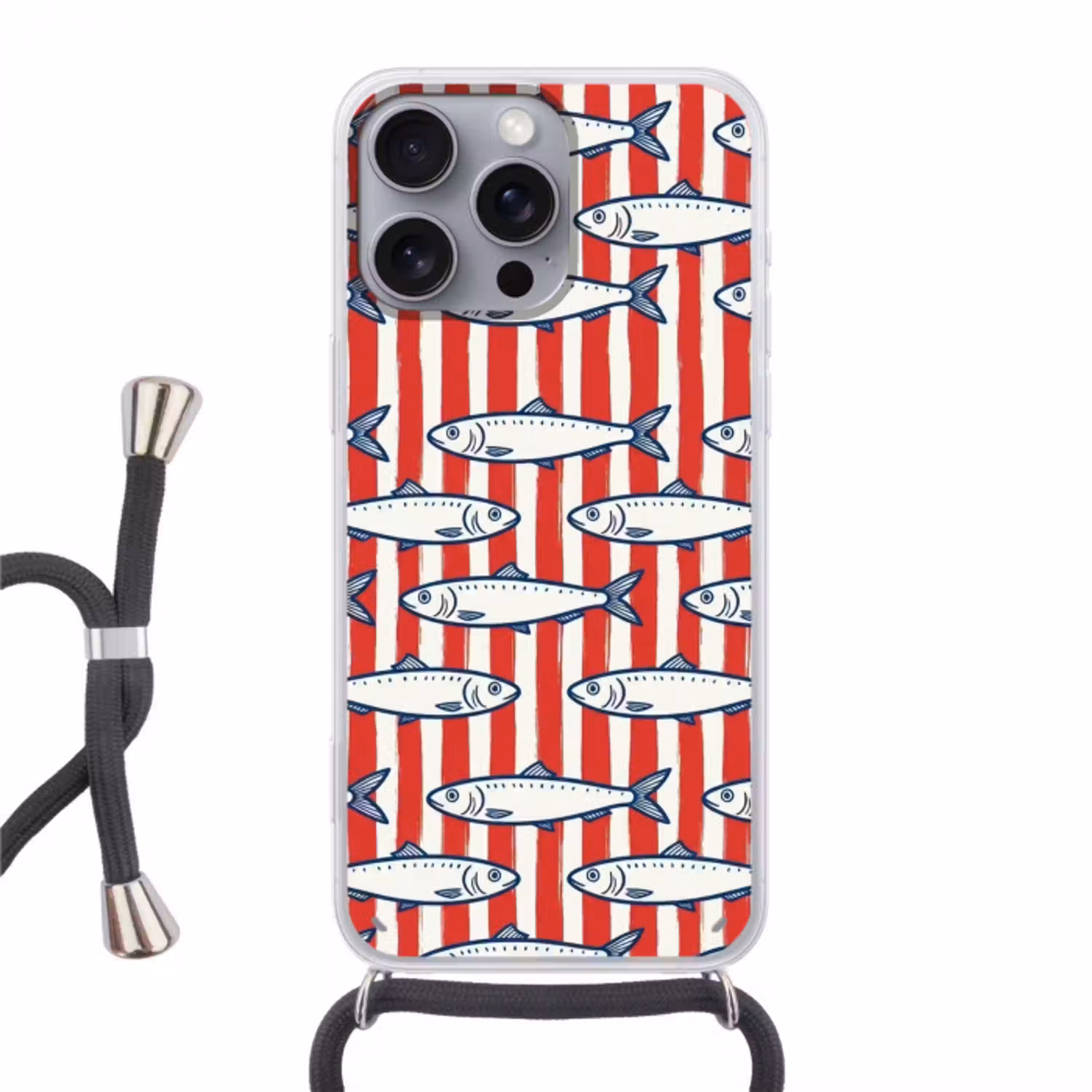 Vis - Patroon - Strepen - Illustratie - Rood Hoesje iPhone 16 Pro Max met koord klein -3d