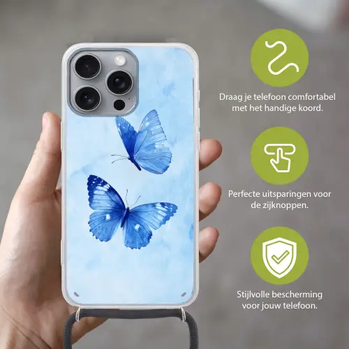 Vlinders - Sierlijk - Blauw Hoesje iPhone 16 Pro Max met koord klein -sfeer2_NL