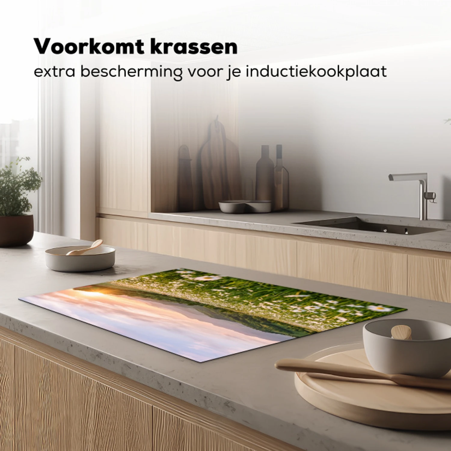 Madelief - Veld - Heuvels - Groen Inductie beschermer vinyl 3mm klein -sfeer1
