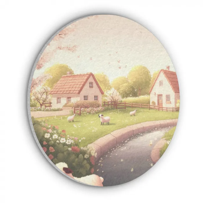 Schapen - Huisje - Platteland Akoestische PET Vilt - Rond klein -3d