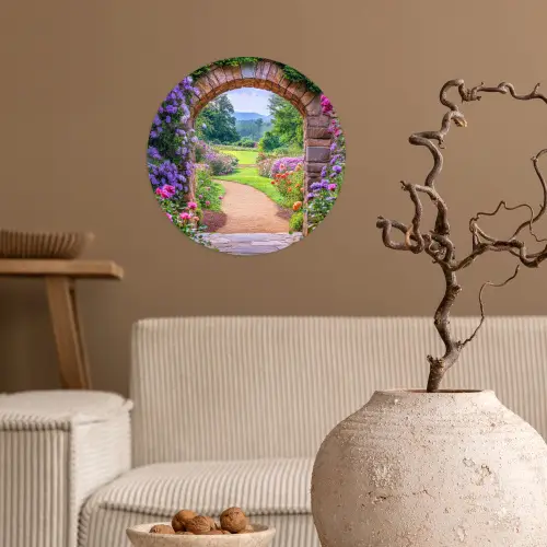 Doorkijk - Poort - Bloemen - Tuin Wandcirkel behangsticker klein -sfeer1