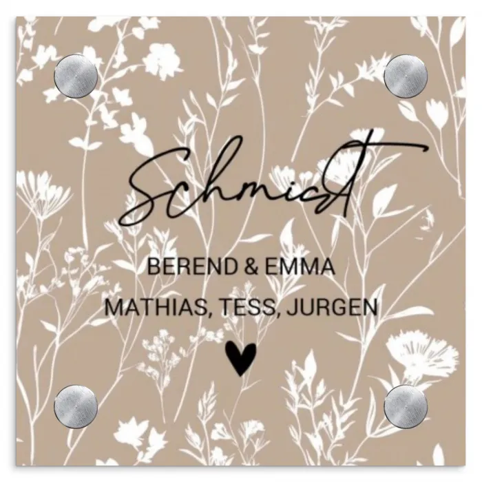 Beiges Blumenmuster - Elegant Naambord Vierkant klein -3d