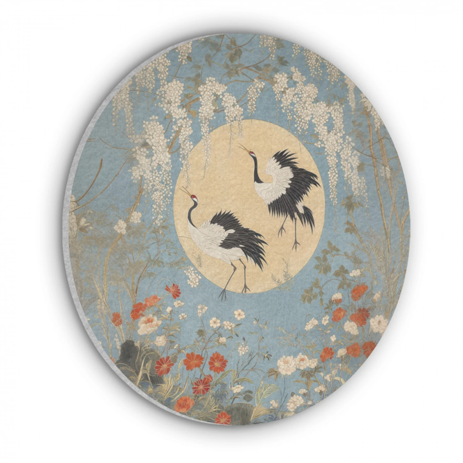 Kraanvogels - Maan - Bloemen - Blauw Akoestische PET Vilt - Rond klein -3d