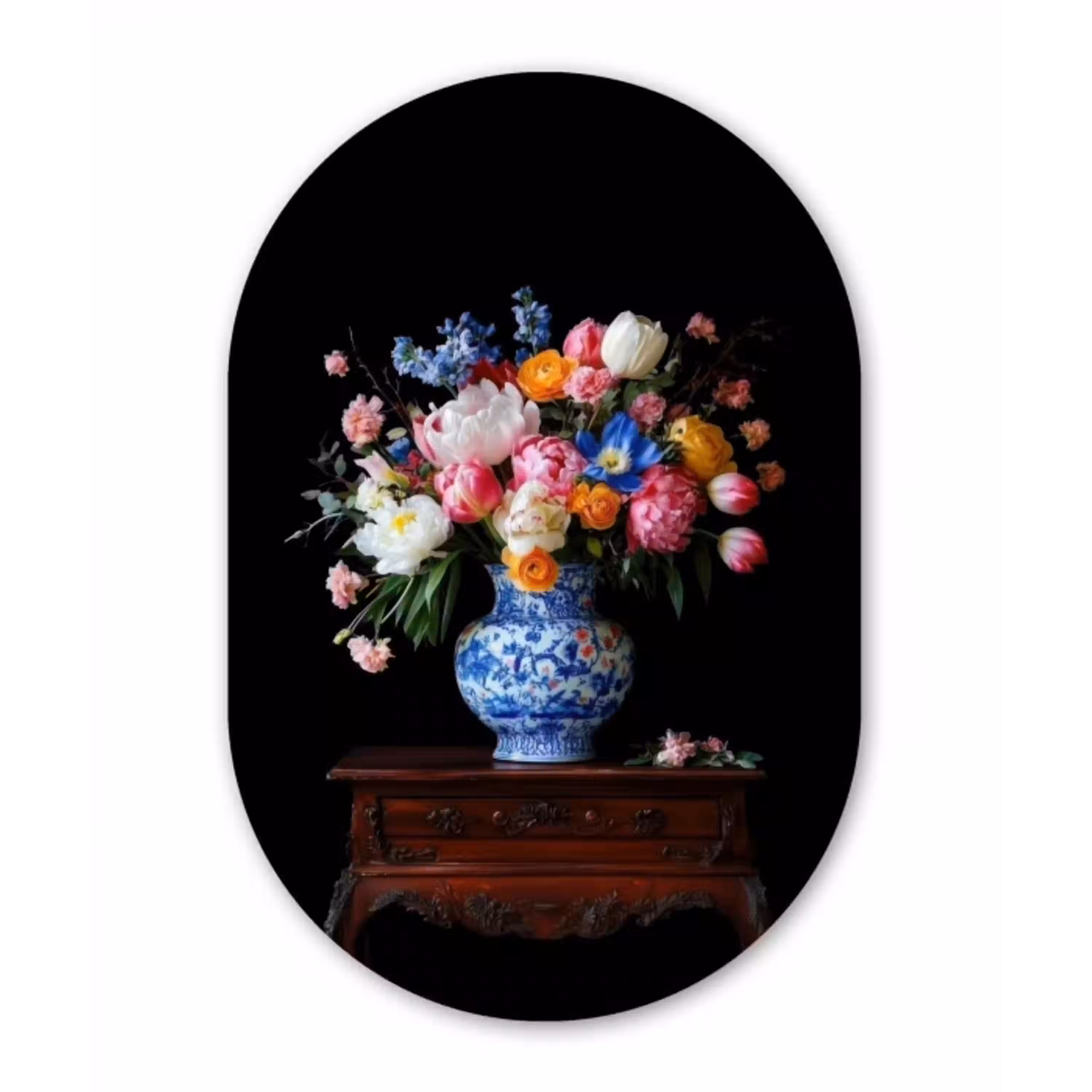 Rozen - Bloemen - Vaas - Boeket Wandcirkel Ovaal Glas middel -3d