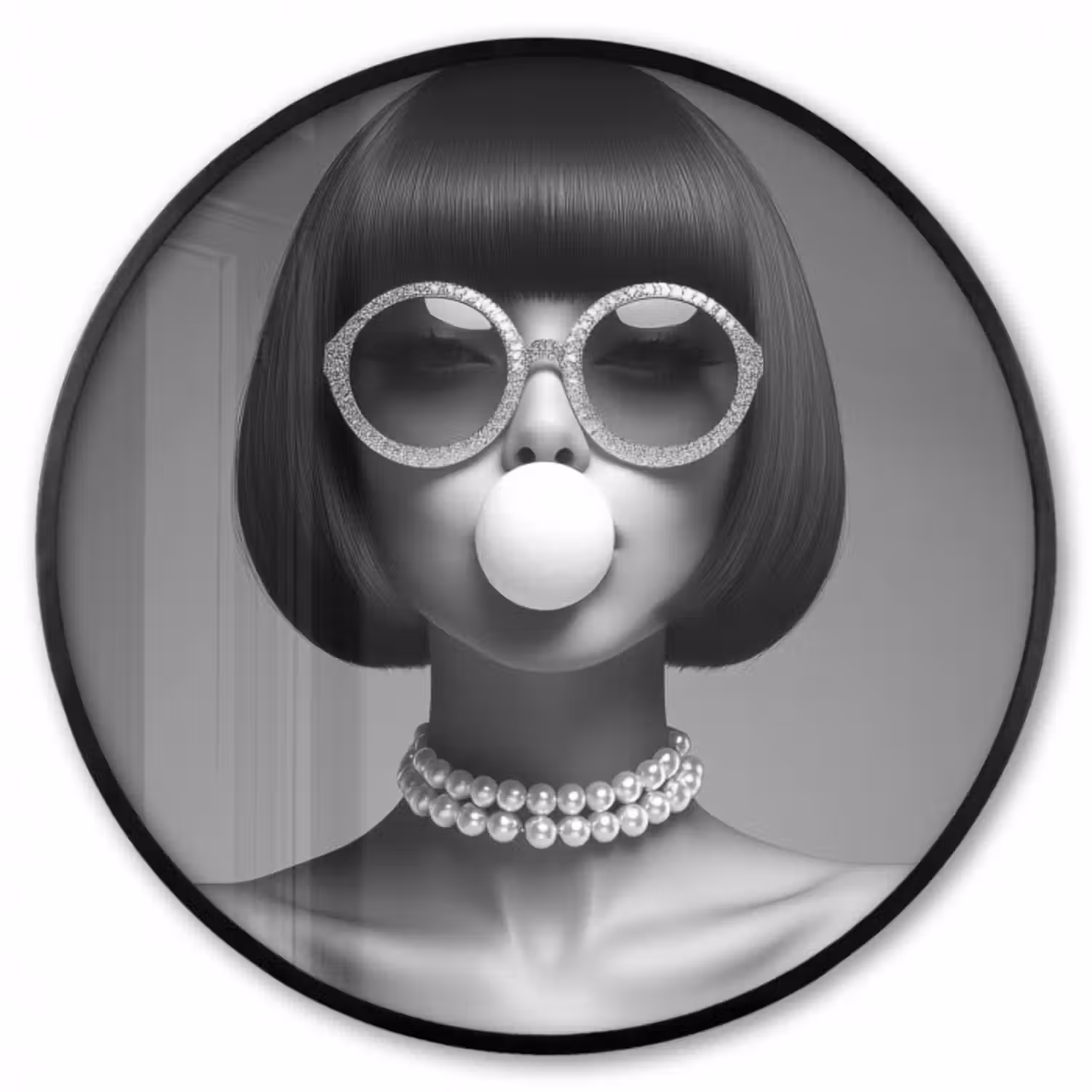 Poster im Rahmen Rund - Frau - Schwarz und weiß - Halskette - Sonnenbrille