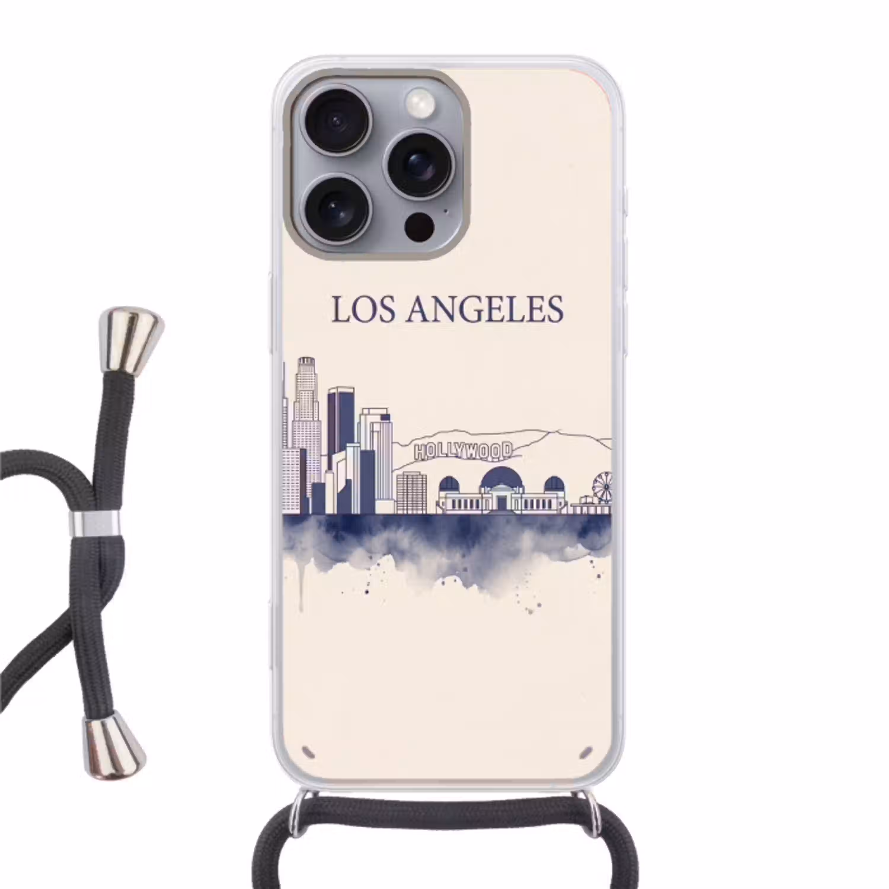 Los Angeles - Skyline - Architectuur - Aquarel - Blauw Hoesje iPhone 16 Pro Max met koord klein -3d
