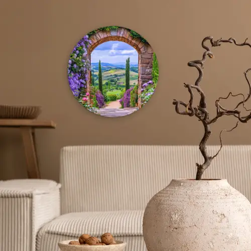 Doorkijk - Toscane - Landschap - Poort Wandcirkel kunststof plaat 5mm dik klein -sfeer1