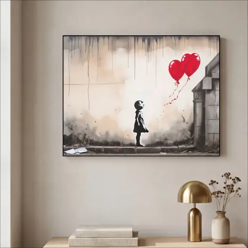 Kunst - Meisje - Ballonnen - Hart - Grijs Textielframe zwart klein -sfeer2