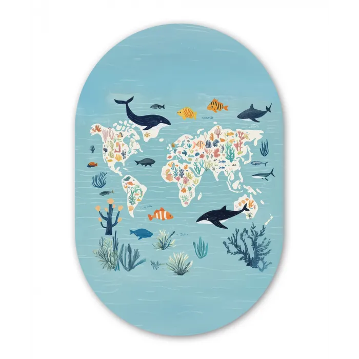 Wereldkaart - Zeeleven - Blauw Wandcirkel Ovaal Glas middel -3d