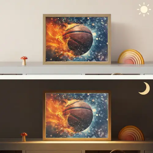 Basketbal - Vuur - Sport - Blauw - Oranje Light Box met batterij (Wandlamp kind) middel -sfeer3_kind