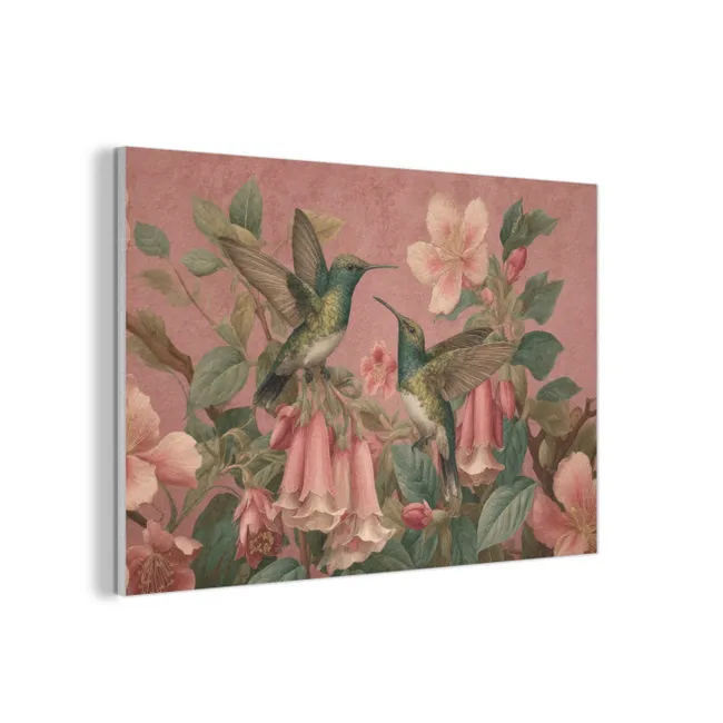 Akoestisch schilderij - Kolibries - Bloemen - Groen - Roze
