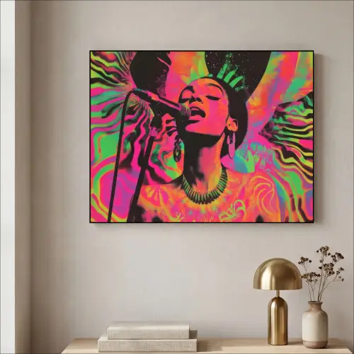 Vrouw - Microfoon - Neon Textielframe zwart klein -sfeer2