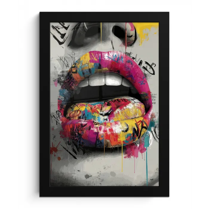 Lippen - Graffiti - Expressief fotolijst zwart zonder passe partout klein -3d
