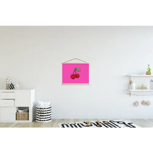 Kers - Roze - Fruit textielposter latten blank klein -kinderkamer