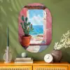 Zee - Roze - Cactus Wandcirkel Ovaal Glas middel -sfeer2