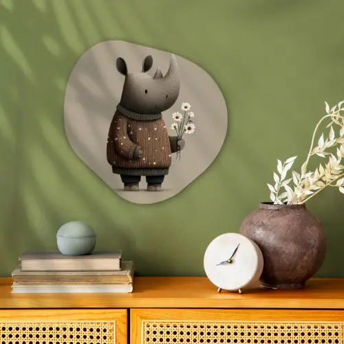 Neushoorn - Witte bloemen - Lief Wandcirkel Organisch Forex 3mm klein -sfeer2
