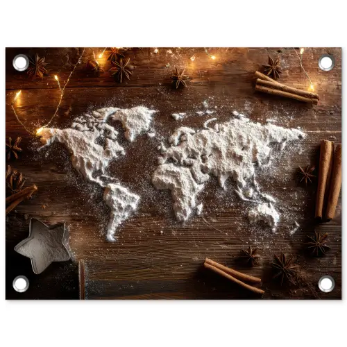Wereldkaart - Poedersuiker - Hout tuinposter los doek klein -3d