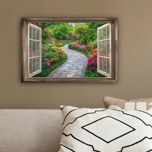 Doorkijk - Bloemen - Tuinpad - Natuur - Raam canvas 2cm klein -sfeer3