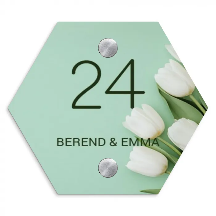 Witte tulpen - Klassiek Naambord Hexagon klein -3d
