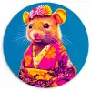 Muis - Kimono - Bloemen - Blauw Wandcirkel plexiglas klein -3d