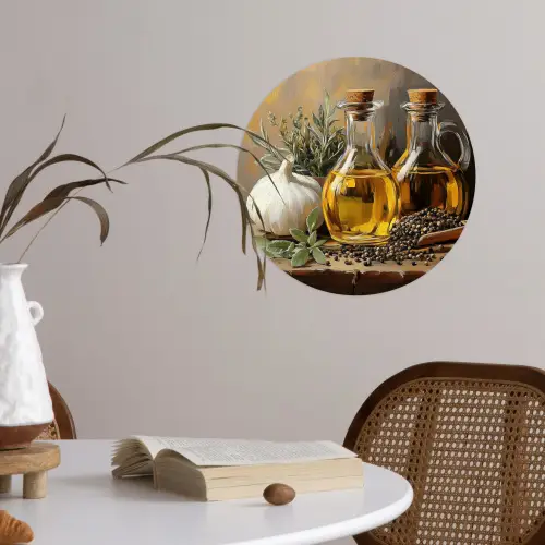 Stilleven - Olijfolie - Knoflook - Kruiden Wandcirkel behangsticker klein -sfeer3
